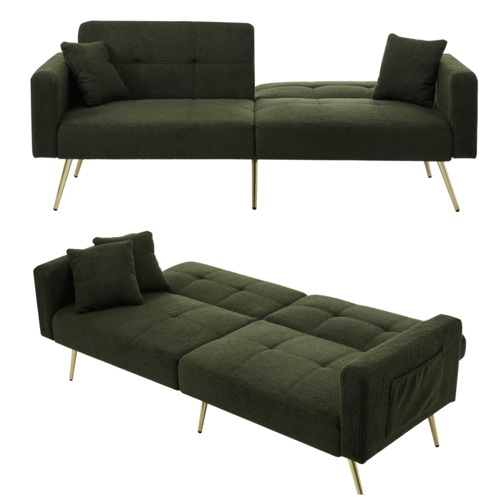 KOMHTOM Canapé Vert foncé Canapé 2 Places avec Coussins et Poches de Rangement latérales, canape lit 2 Places Convertible avec Dossier réglable Petit canapé Moderne (Vert)
