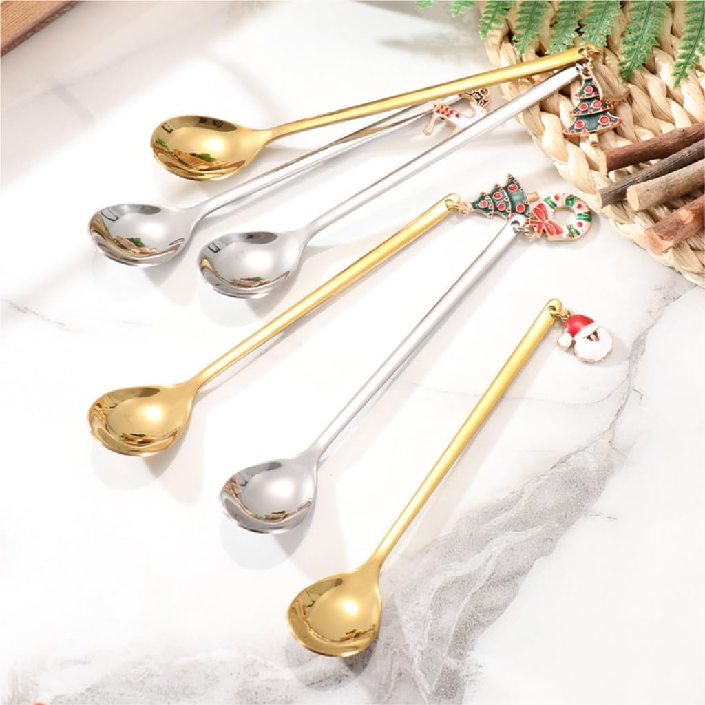 Spoons 6-Pack Christmas Stainless Steel Spoon Creative Simple Pendant Spoon Coffee Spoon Dessert Spoon Cake Spoon (Color : Gold, Size : 17cm*15.5cm*2cm)