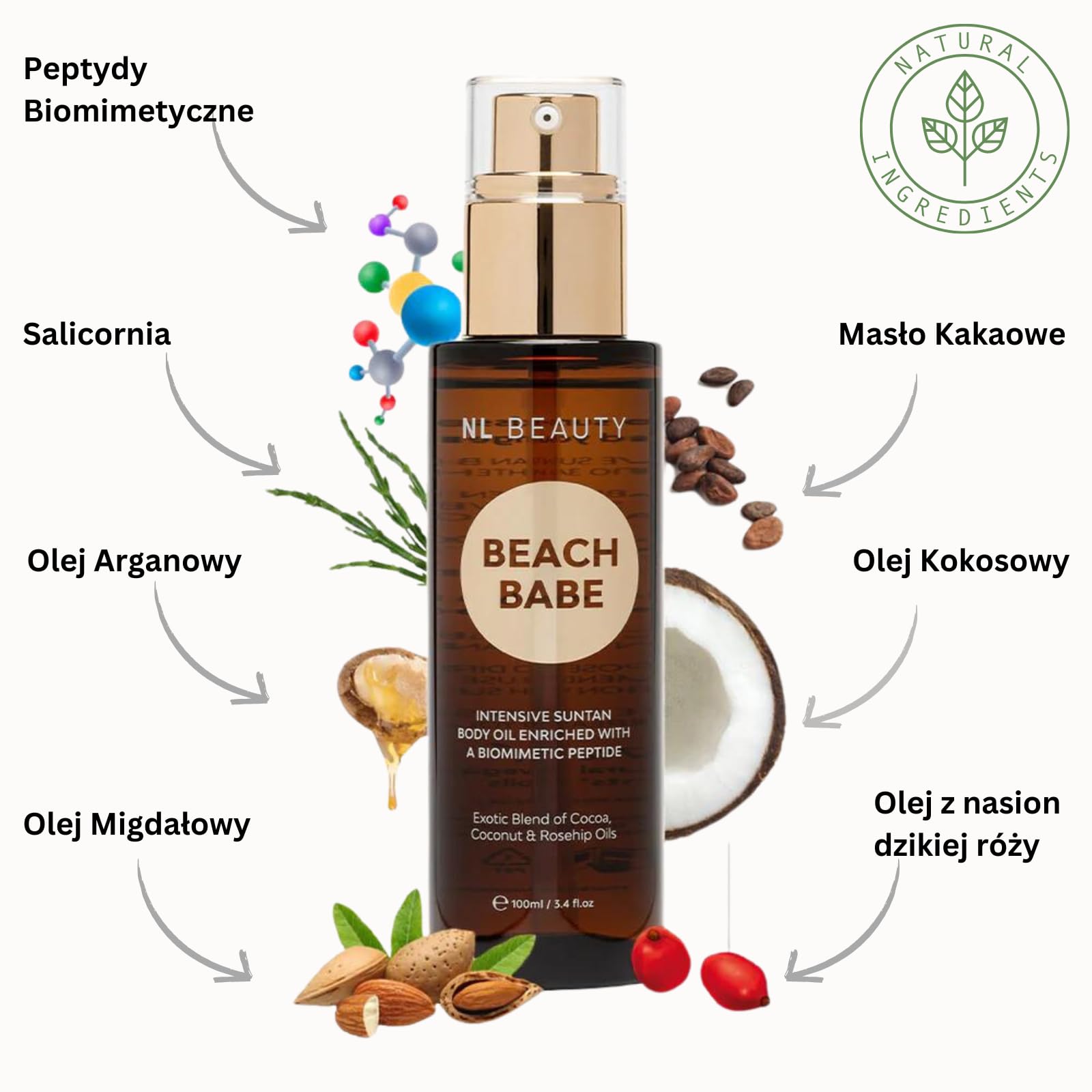 NL Beauty Beach Babe 2-in-1 Fast Tan Oil z Wegańskimi Olejami, Salicornią i Peptydami - Bezbarwny Przyspieszacz Opalania - 100ml