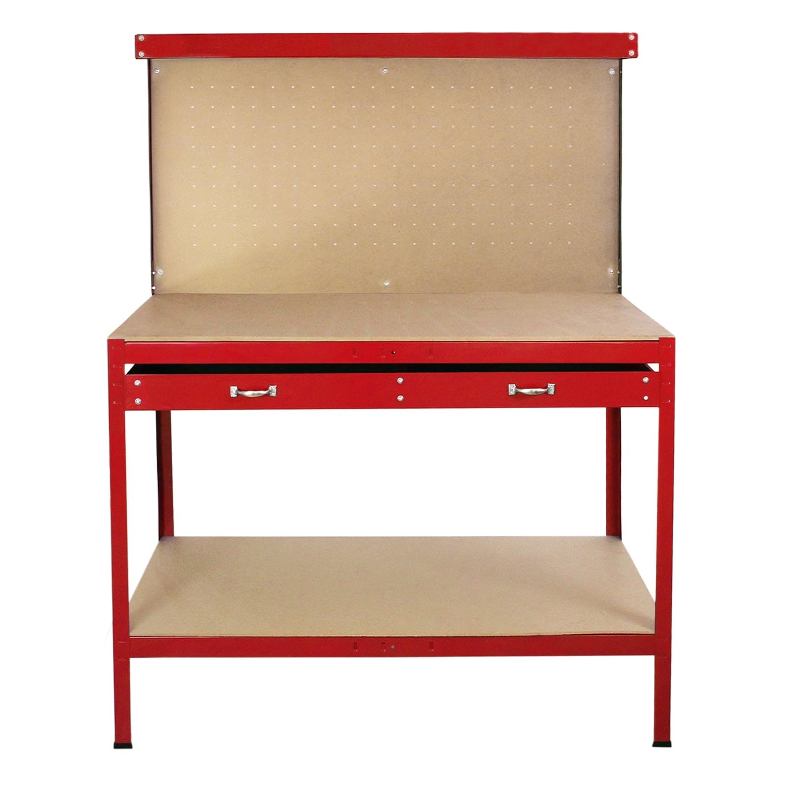 Banco da Lavoro a 3 Livelli con Piano da 120x60cm Ultra Resistente e Pannello Parete Forata Porta Attrezzi Utensili e 40 Ganci universali GRATIS + 2 Mensole e Cassetto - Rosso