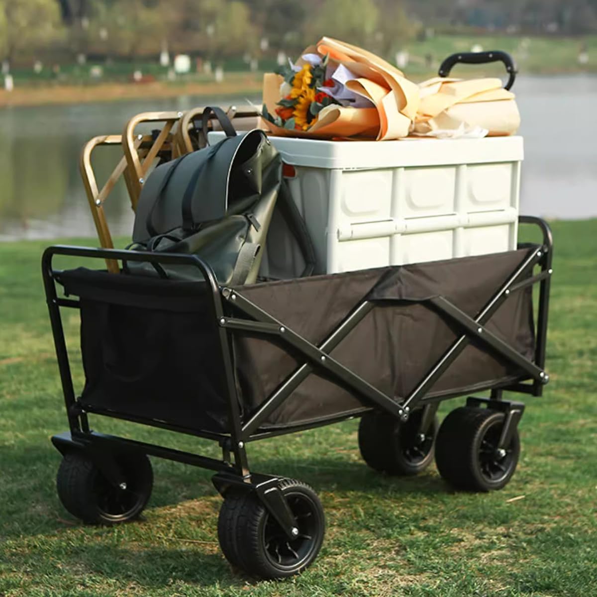 Amazon.co.jp: キャリーカート アウトドア キャンプ キャリーワゴン 折り畳み160L大容量 耐荷重200kg キャリーワゴン  ブレーキ付き 幅広大型タイヤ アウトドア キャンプ レジャー BBQ (カーキ) : スポーツ＆アウトドア キャリーワゴン 折りたたみキャリーカート  大容量 ...