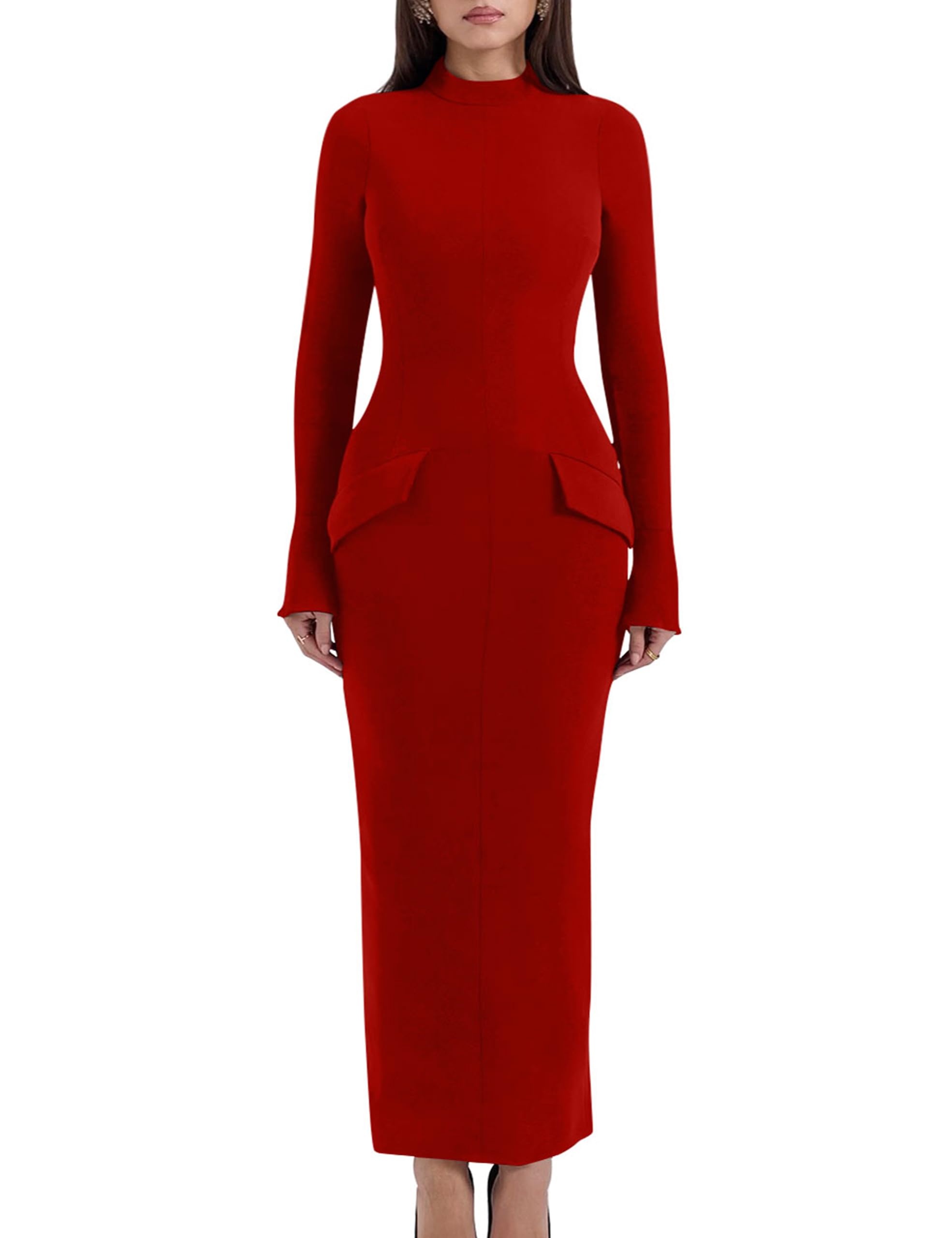 YMDUCH Womens Long Sleeve Mock Turtle Neck Bodycon Back Slit Club Party Long Pencil Dress