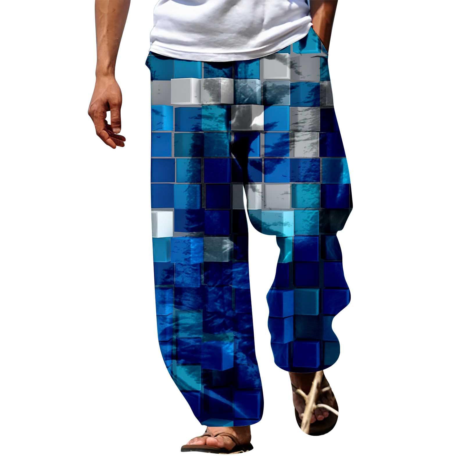 Bukknye Men's C-Blue Patchwork Peace Elastic Waist Hippie Gypsy Trousers
