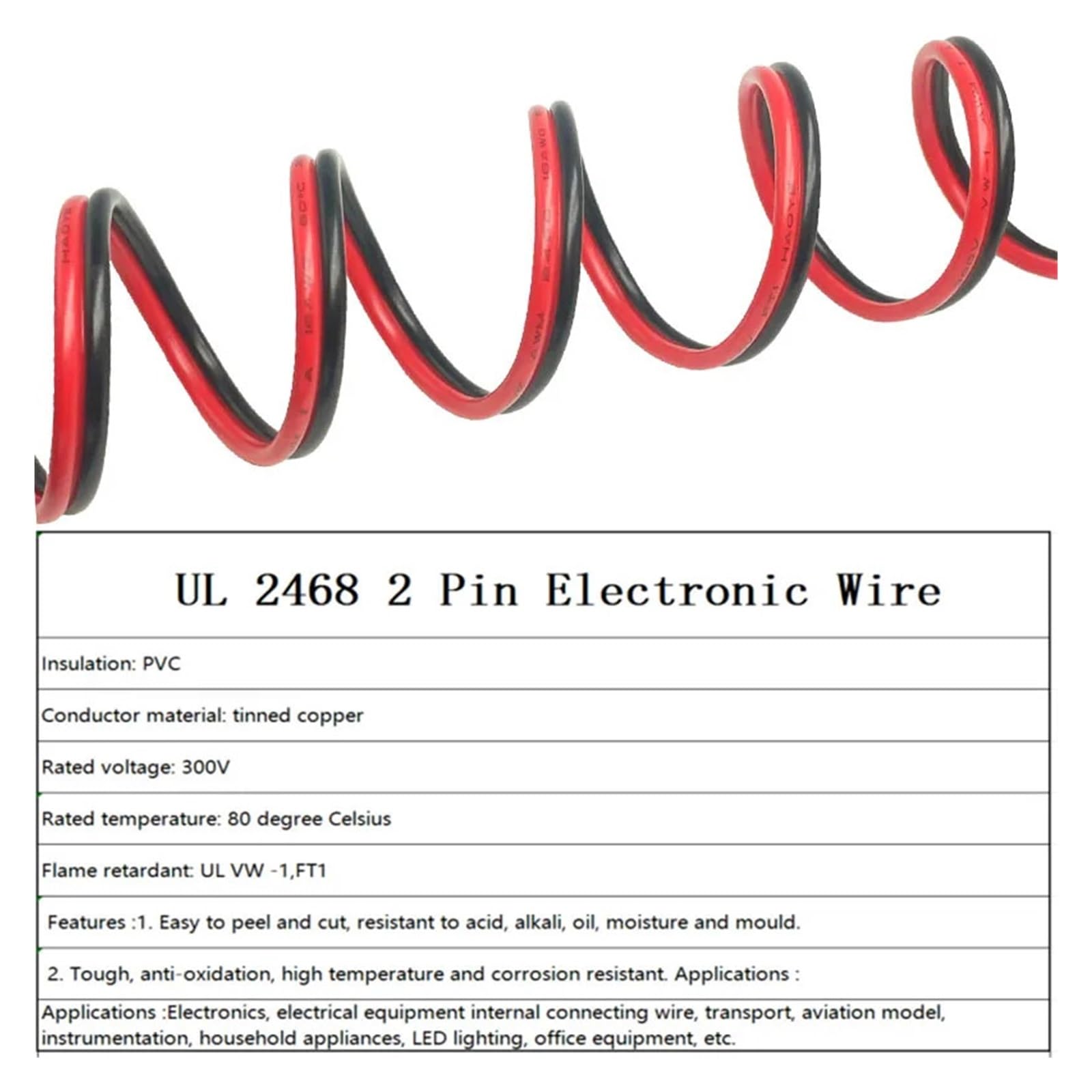 Przewód przedłużający z miedzi cynowanej 30-16 AWG, 2-żyłowy, 80°C, 300 V, PVC, łączący, czerwony i czarny(40M_20 AWG)