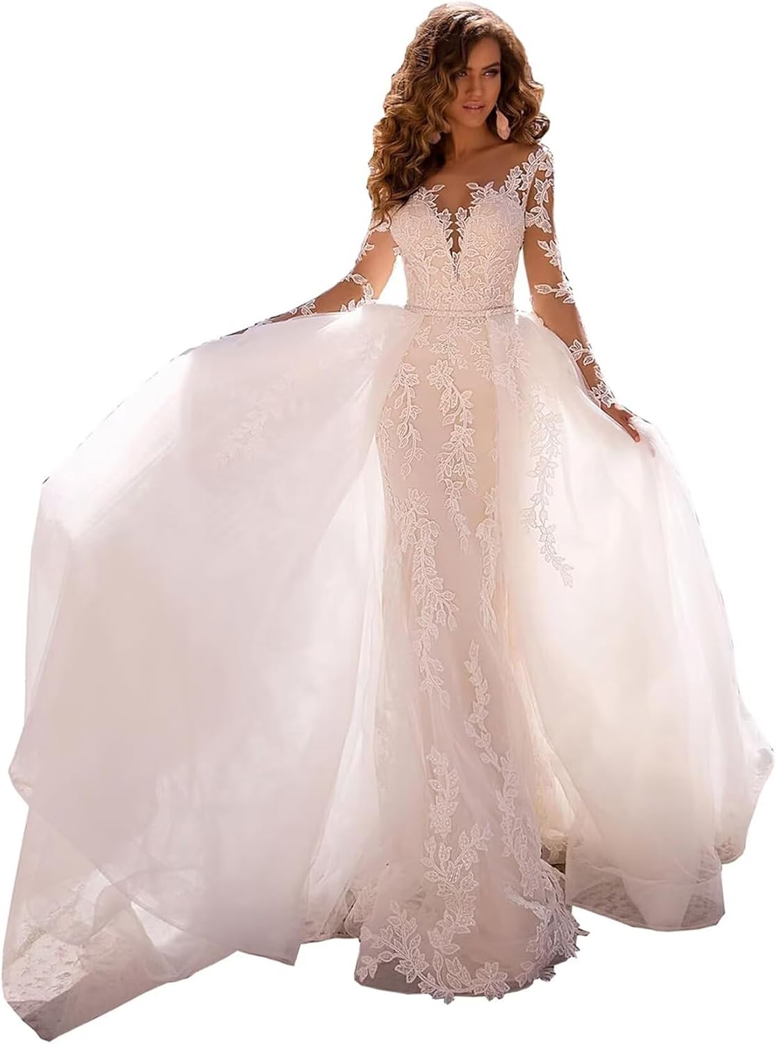 Mermaid Wedding Dresses for Bride Long Sleeve Beach Bride Dress with Train LW04