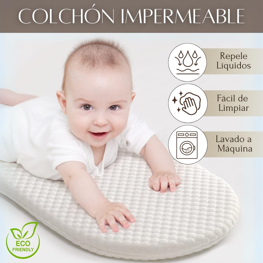 SEBRAM Cesta Cambiador Bebé + Colchón cambiador Impermeable limpieza rápida suave y acolchado - Cambiador de pañales Portátil y Plegable con Bolsa de Viaje | Diseño Elegante Boho (Beige)