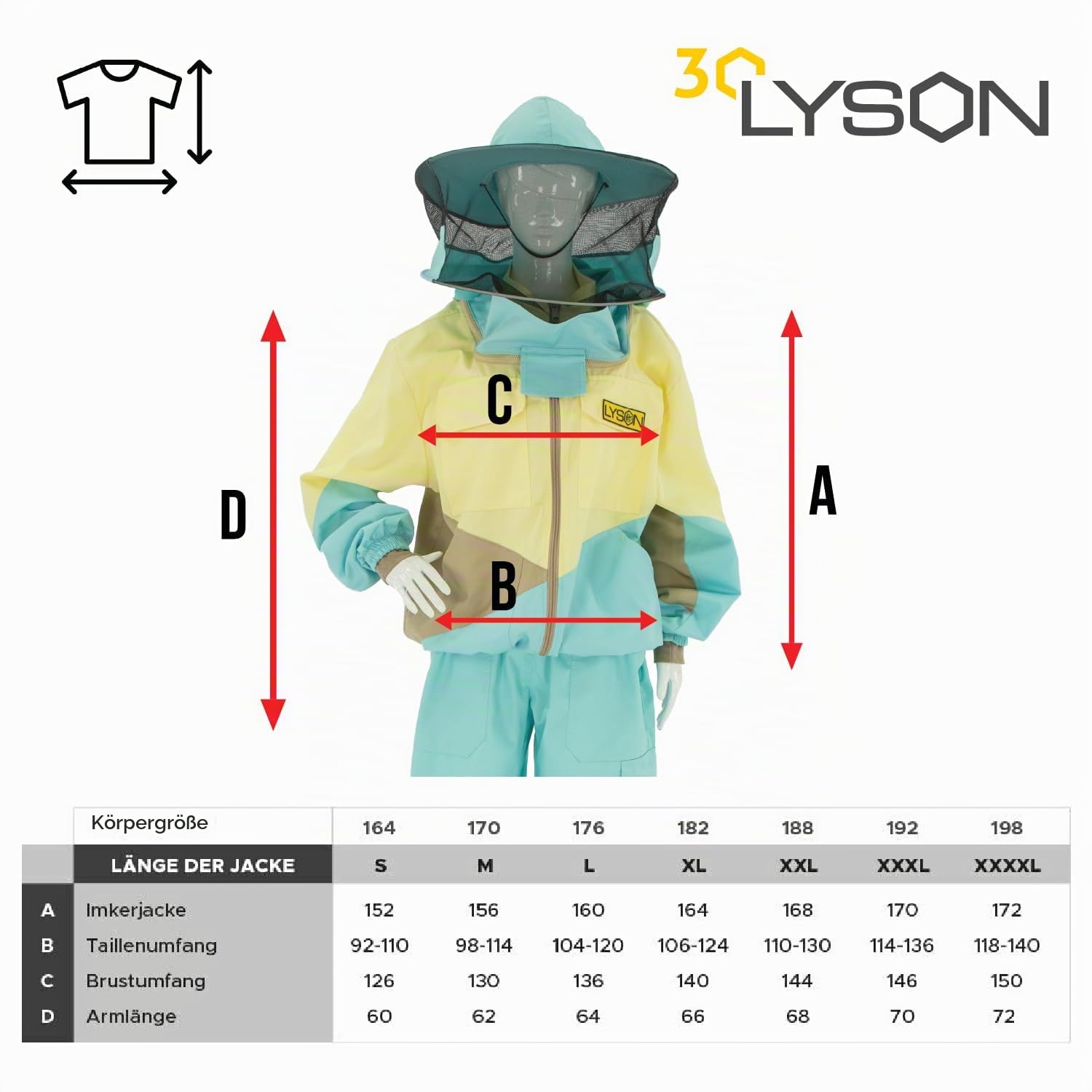 LYSON Imkerjacke mit Hut, Imkerjacke mit Reißverschluss, Schutzjacke, Imkerjacke mit Rundschleier, Imkerbluse, Imkereibedarf, Schutz vor Mücken Imkerbekleidung sportlicher Style – Modell 1 Größe L