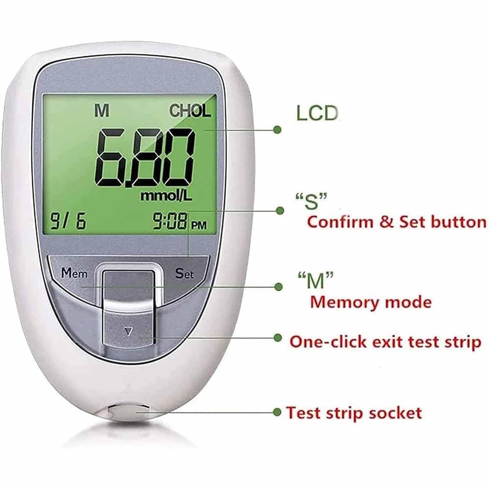 Kit Monitor glucosio Tester Multifunzione, Tester colesterolo Totale Acido urico glucosio con Display Intelligente, Facile da Usare e Veloce efficiente, memorizza 460 registrazioni e Riduce i Tempi