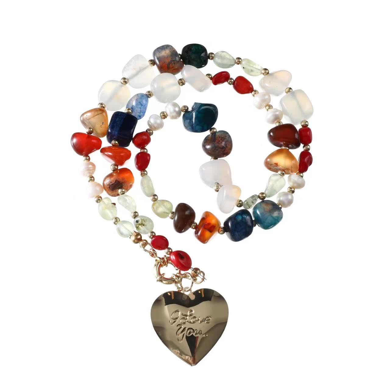 sanxun Gold Pearl Agate Coral Women's Heart Locket Necklace.Gold Necklace for women .Heart Necklace.Birthday Gifts for Women., Crystal, Agate