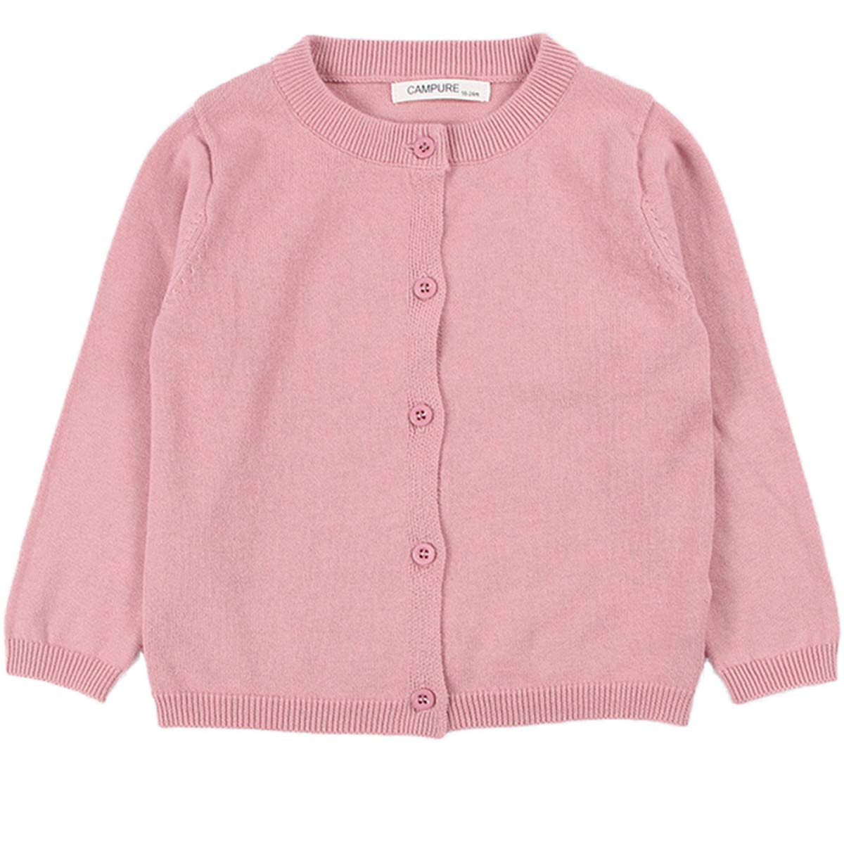 Little Girls Cute Crew Neck Long Sleeve Button-Down Solid Cotton Fine Knit Cardigan Sweaters