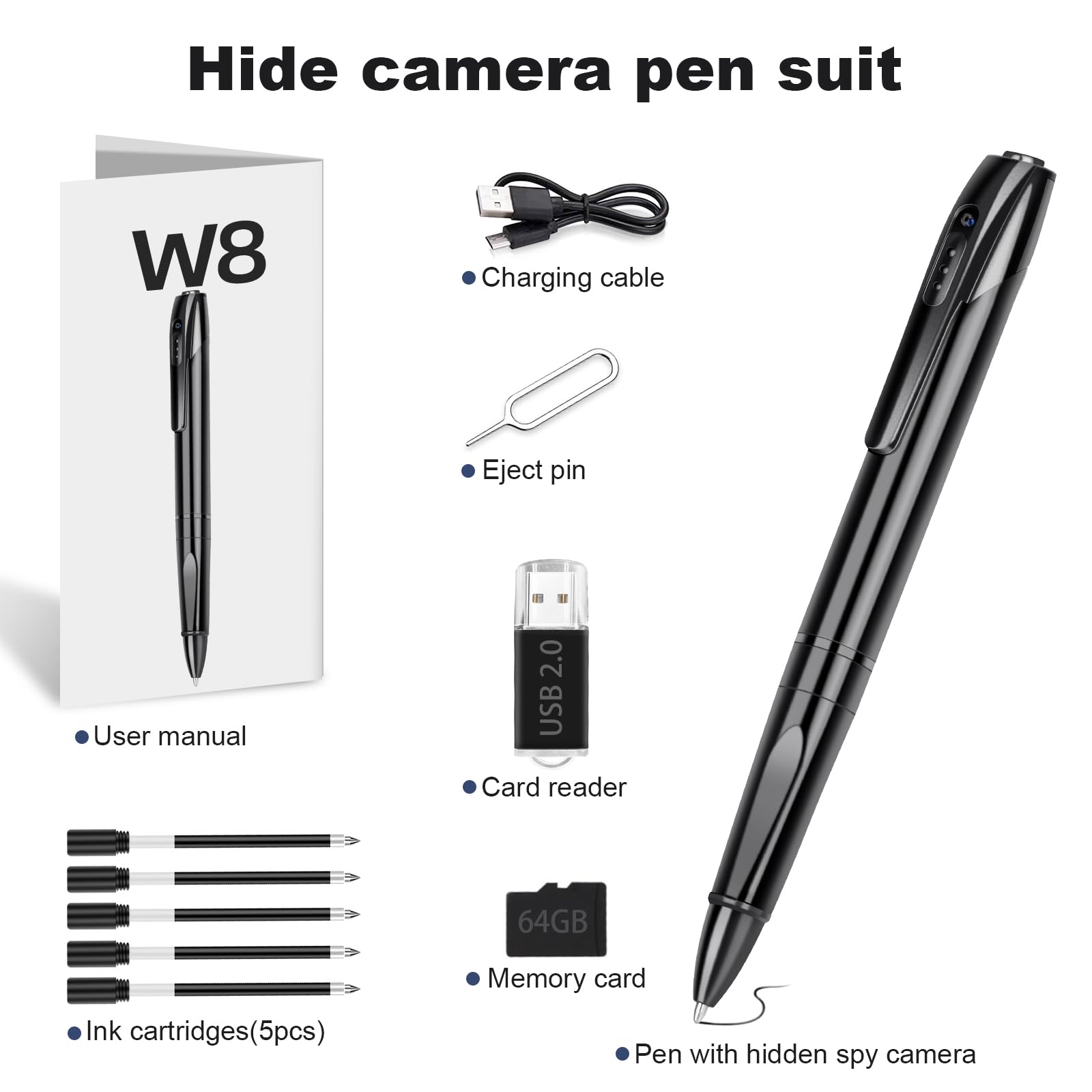 Mini caméra multifonction HD 1080p avec carte de 64 Go, longue durée de vie, transfert de données USB, 5 recharges incluses