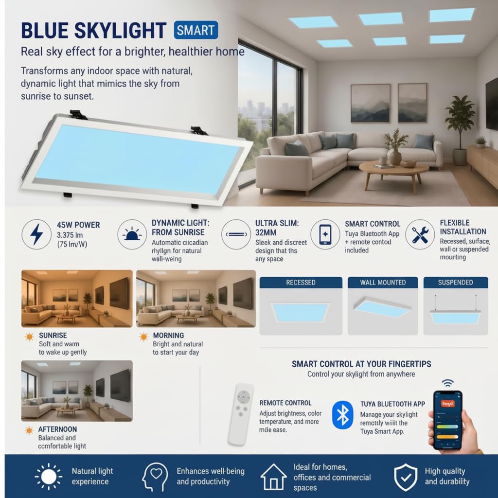 Barcelona - Pannello LED effetto cielo SKYWIN SR SMART 45 W 3375 lm 60 x 30 cm | CCT 1800 K-20000 K | Luce circolare intelligente | Controllo Tuya Bluetooth + Telecomando | Pannello Skylight Ultraslim