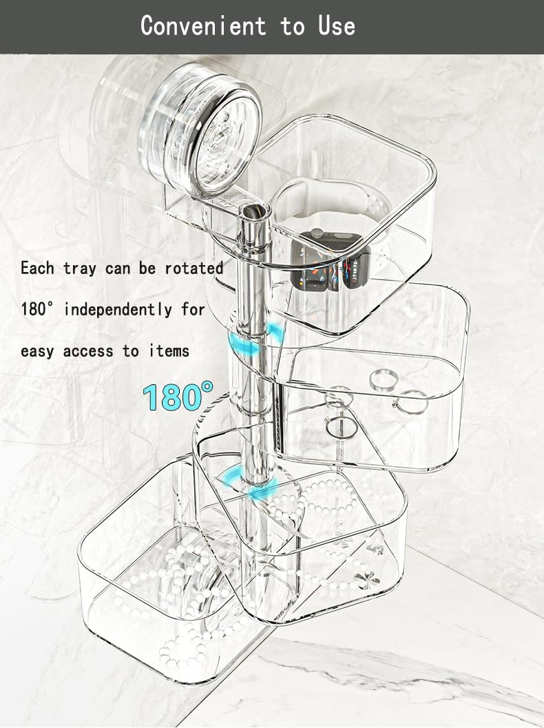 4-Layer Rotating Transparent Suction Cups Wall Mounted Organizer for Small Items,Bathroom Holder for Trinkets Hairpin Q-Tips mini beauty sponges (4-Tier-Clear, M)