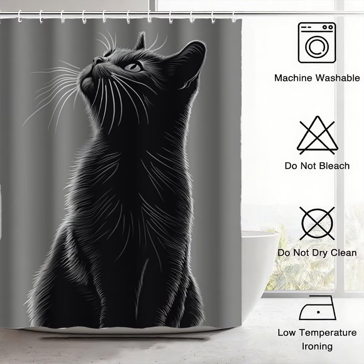 Grau Duschvorhang 240x200, Duschrollo mit 12 Duschvorhang Haken, Katze Shower Curtains Beschwerter Saum, Waschbar Polyester Stoff Wasserdicht Extra Lang für Badewanne Badezimmer Deko, Geschenke -4631