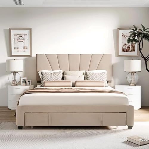 Livavege Queen Bed Frame with Wingback Headboard and Storage Drawers, Velvet Upholstered Platform w/Wooden Slats Support, Queen Size Bedframe No Box Spring Needed, Easy Assembly/Mattress Foundation