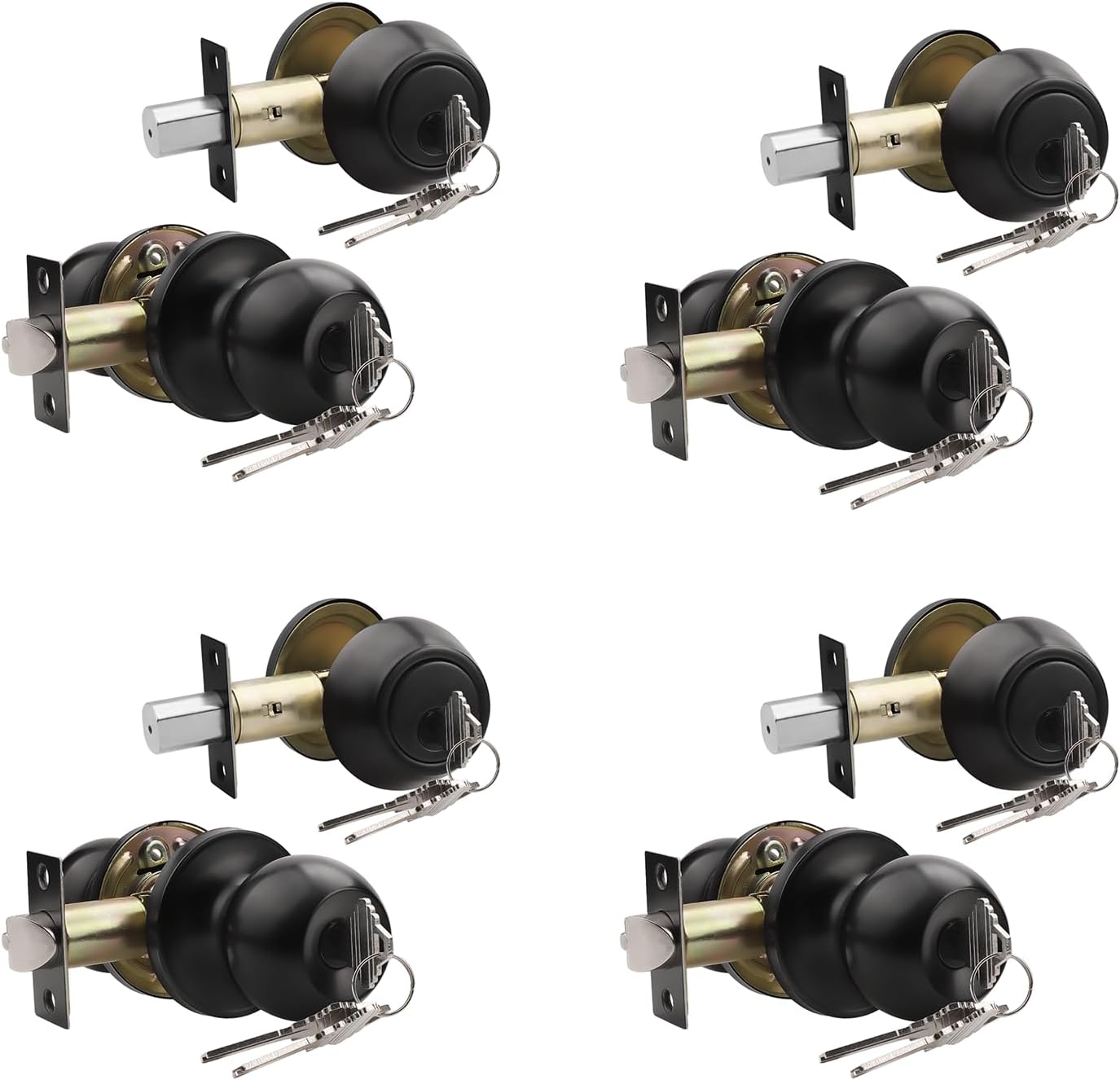 Knobonly Keyed Alike Exterior Door Knob, Round Outdoor Lock with One Sided Deadbolt, Stainless Steel, Matte Black Door Knobs, Black Door Handle Sets, 4 Pack