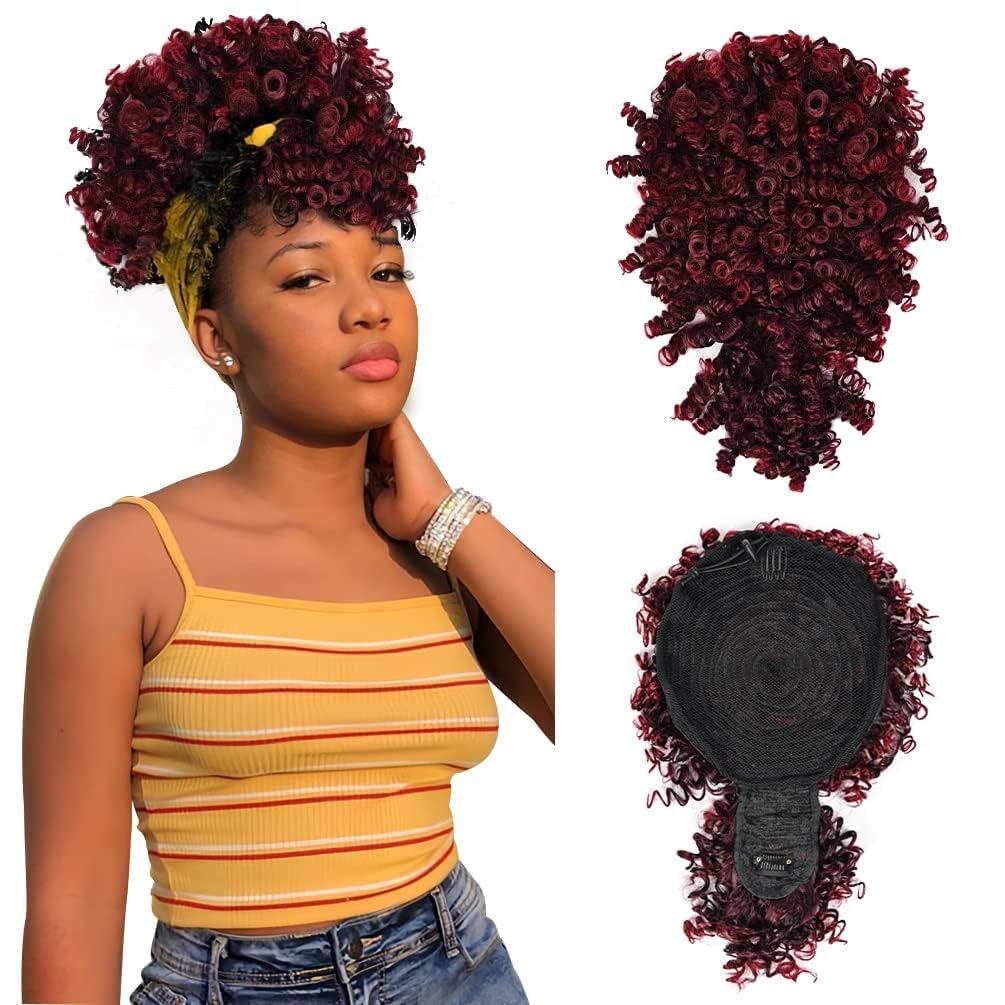 MODSIGHT Afro Puff Drawstring Ponytail with Bangs, Black to Burgundy Kinky Curly Ponytail Bun with Bangs Updo Hairpieces, Short Afro Puffs with Bang