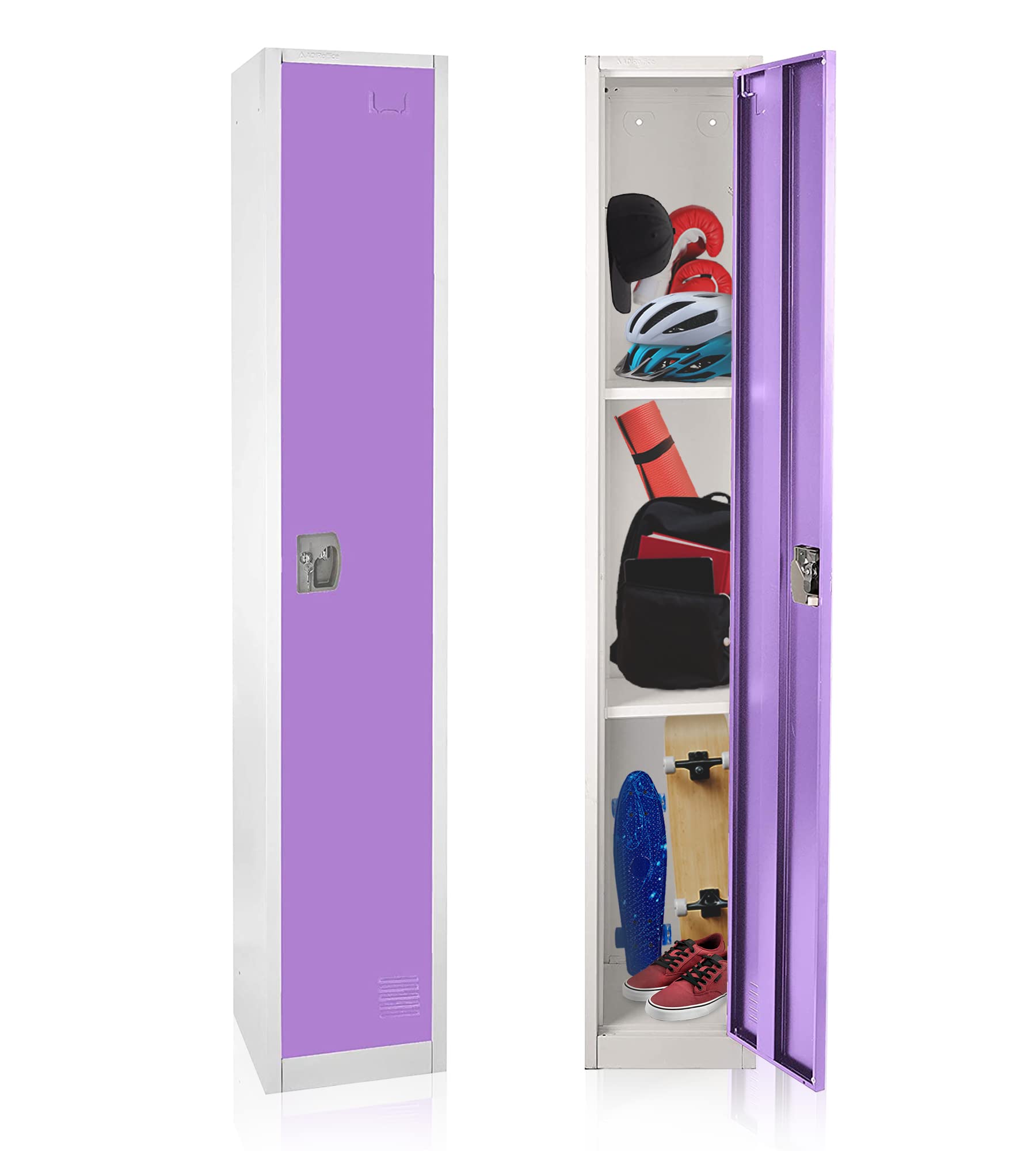 AdirOffice Large Steel Metal Storage School Locker - Single Tier Free Standing Storage Compartment - Secure Colorful Spacious Organizer Perfect for Academic and Commercial Use (Purple)