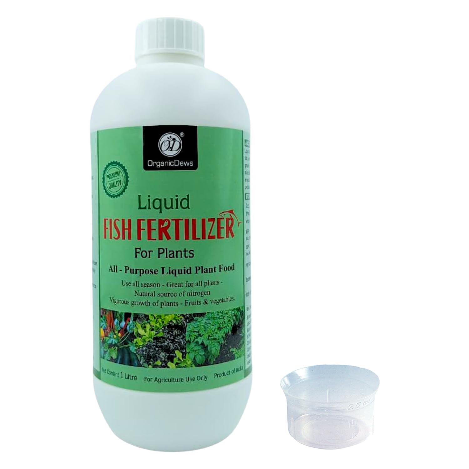 OrganicDews Liquid Fish Fertilizer for Plants 1 Litre with Measuring Cup 25 ml - All Purpose Liquid Fertilizer Vigorous Growth Compost Starter 1 Litre