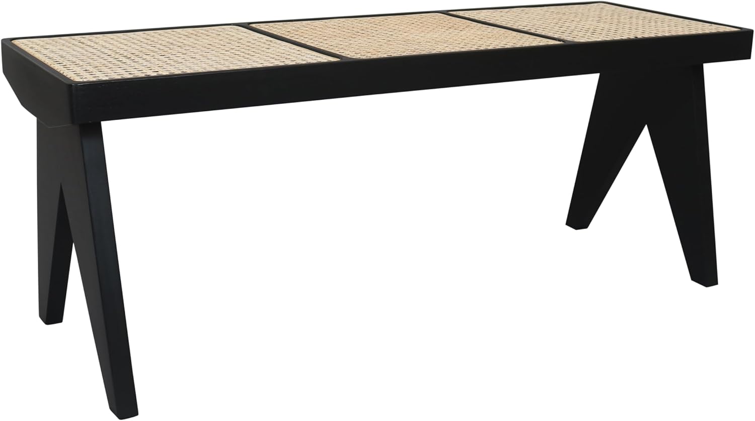 East at Main Black Wood Cane Bench for Entryway, Bedroom, or Living Room – Woven Rattan Seat, Boho Accent Bench for Hallway or Foot of Bed – 45” Long, Easy Assembly