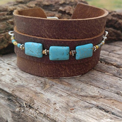 Turquoise Beaded Adjustable Brown Leather Cuff Bracelet