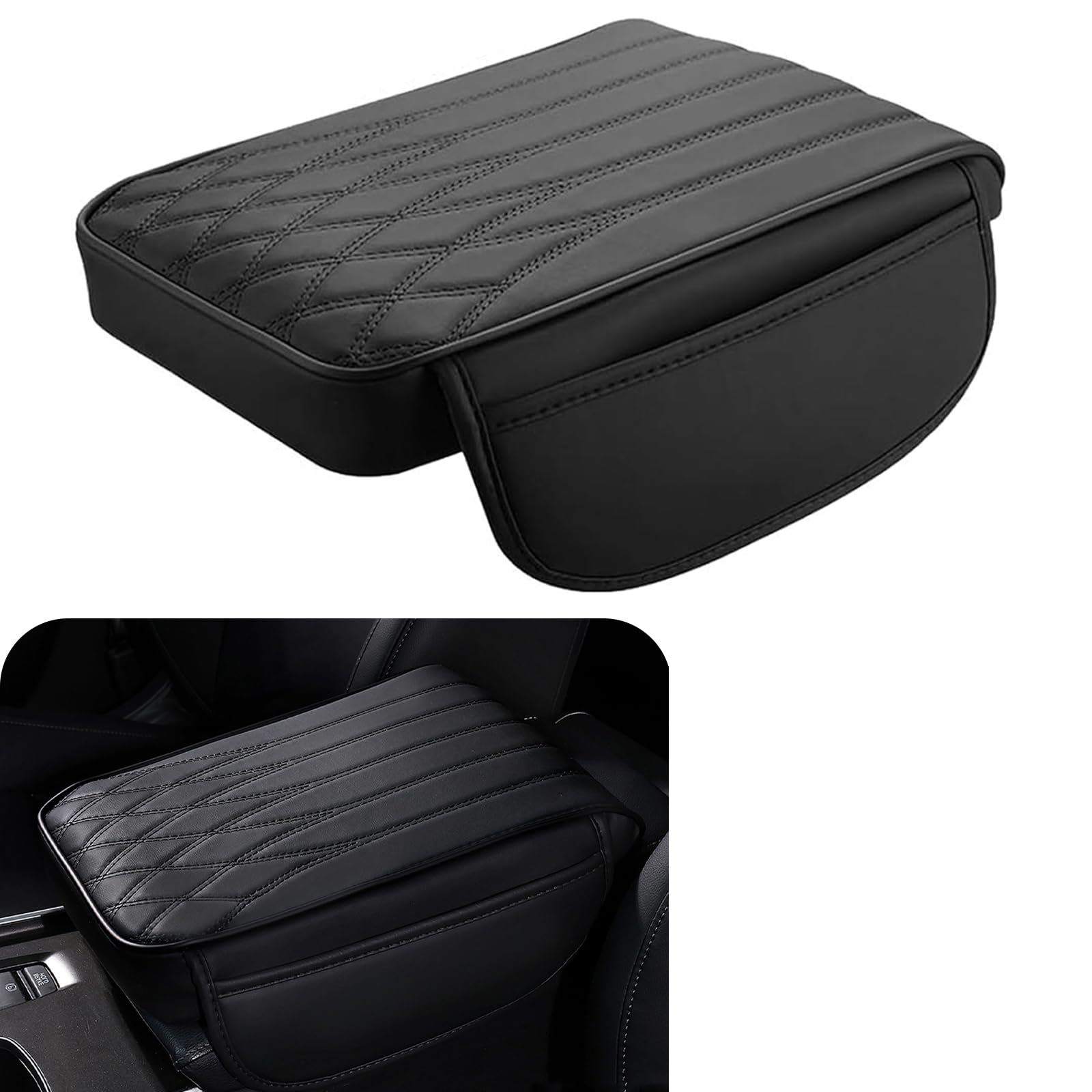 1 PC Car Center Console Cover, 8.66In x 12.59In x 1.96In Side Pocket Design, Waterproof Leather Vehicle Arm Rest Cushion, Universal Automotive Consoles Hand Rest Pillow (Black)