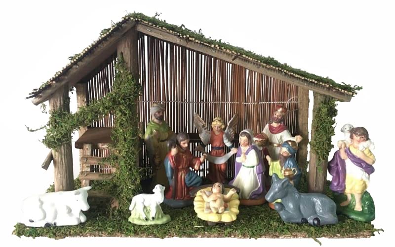 Photo 1 of Rocky Mountain Goods 11 Piece Porcelain Nativity Set with Stable - 2”-5” Porcelain Figurines with 16” x 11 Stable - Nativity Set for Christmas Indoor - Jesus, Mary, Joseph, 3 Wisemen, Angel