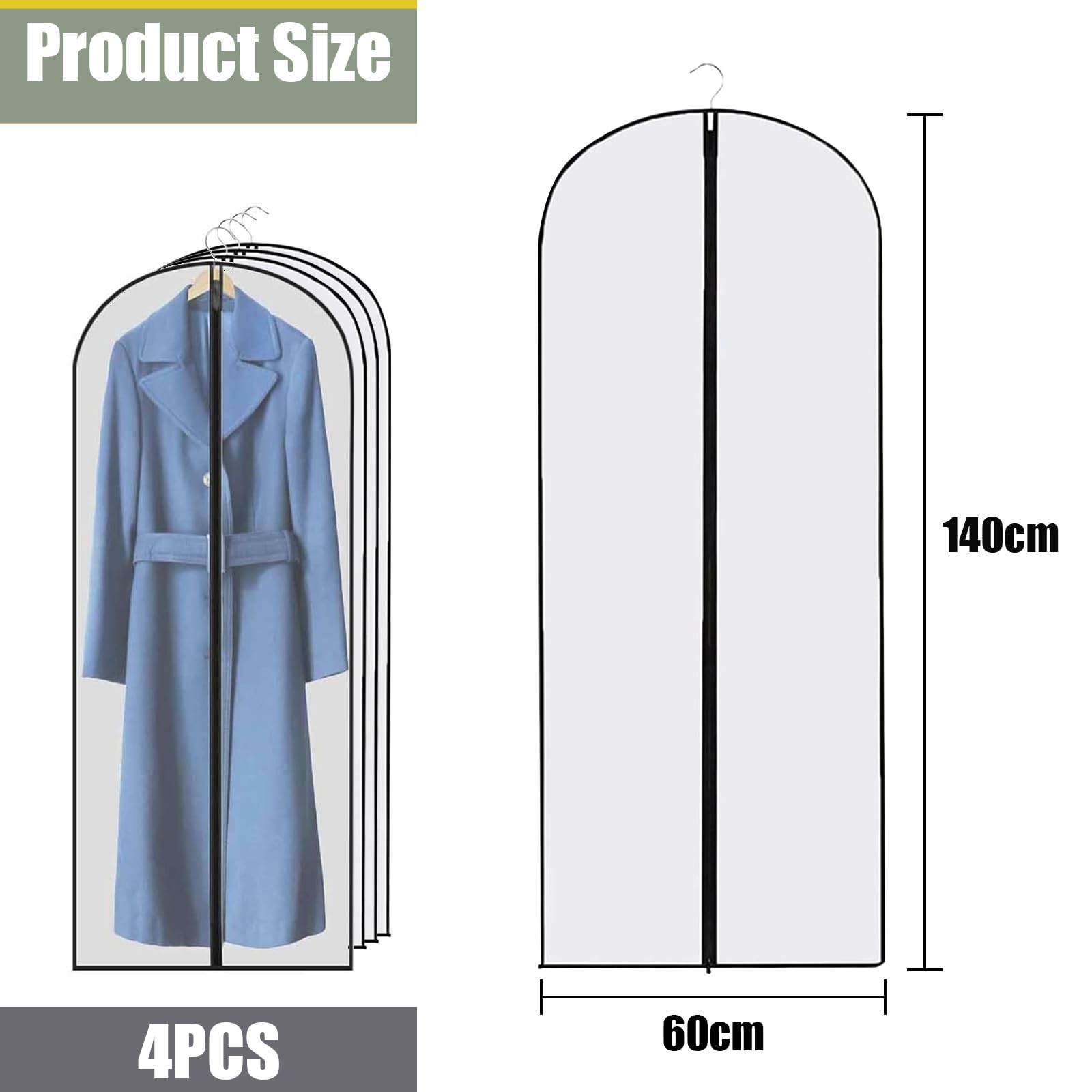 4Pcs Long Transparent Dress Bag Cover 60cm x 140cm - Full Length Garment Cover with Black Zipper for Wedding Gowns and Women's Dresses - Image 2