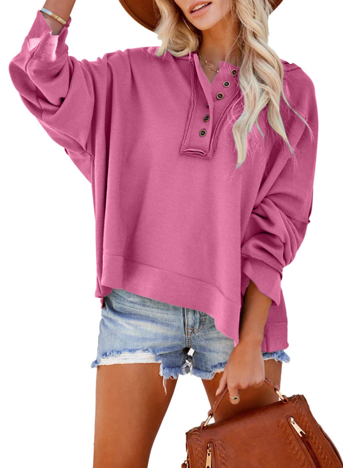 Dokotoo Women's V Neck Button Down Long Sleeve Crop Hoodies Loose Pullover Hooded Sweatshirts Tops