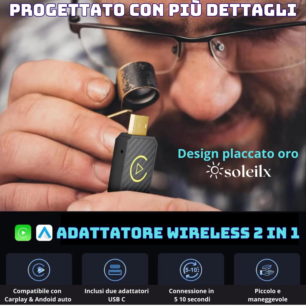 soleilx Adattatore Wireless Carplay & Android Auto per Sistemi Multimediali Auto - Converte da Cablato a Wireless, USB C/A, Plug & Play, Mini Nero