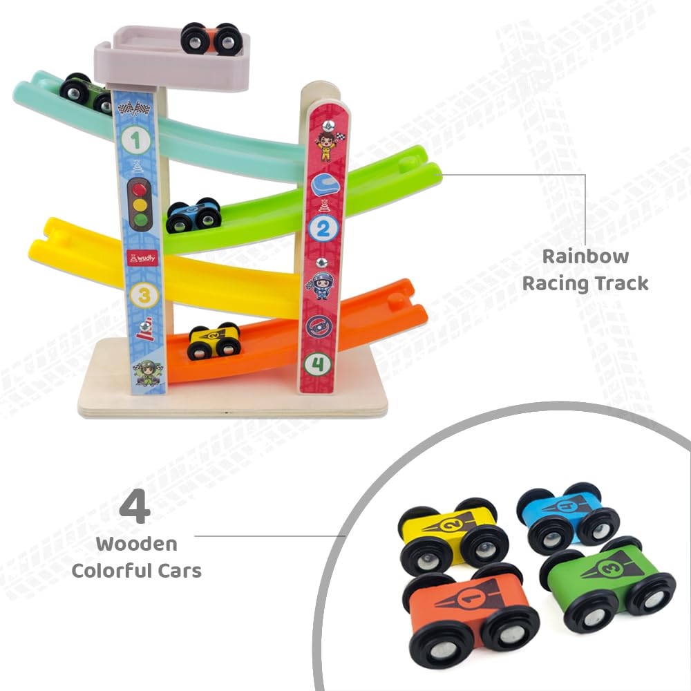 Wudly Car Ramp Race Track, 4 Level Wooden Slide with 4 Cars, Pretend Toy | Educational Montessori for Toddlers 2 Years+ 4