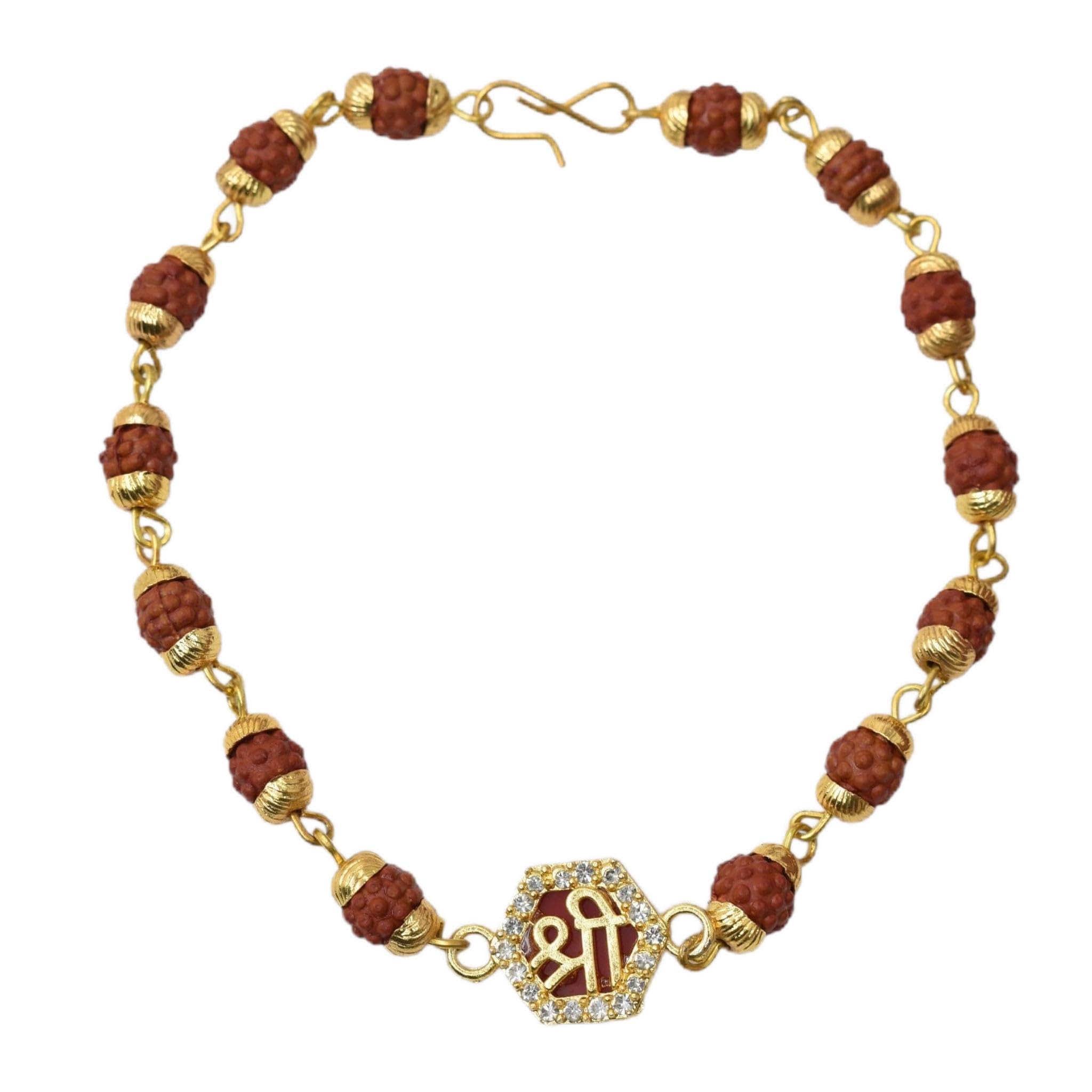 AD stone Studded SHRI Premium Rudraksh Rakhi for Brother | Gold Plated Link Chain Bracelet Auspicious Beads Raksha Bandhan Gift for Bhai, Bhaiya with Roli,Chawal,card -1-image-20