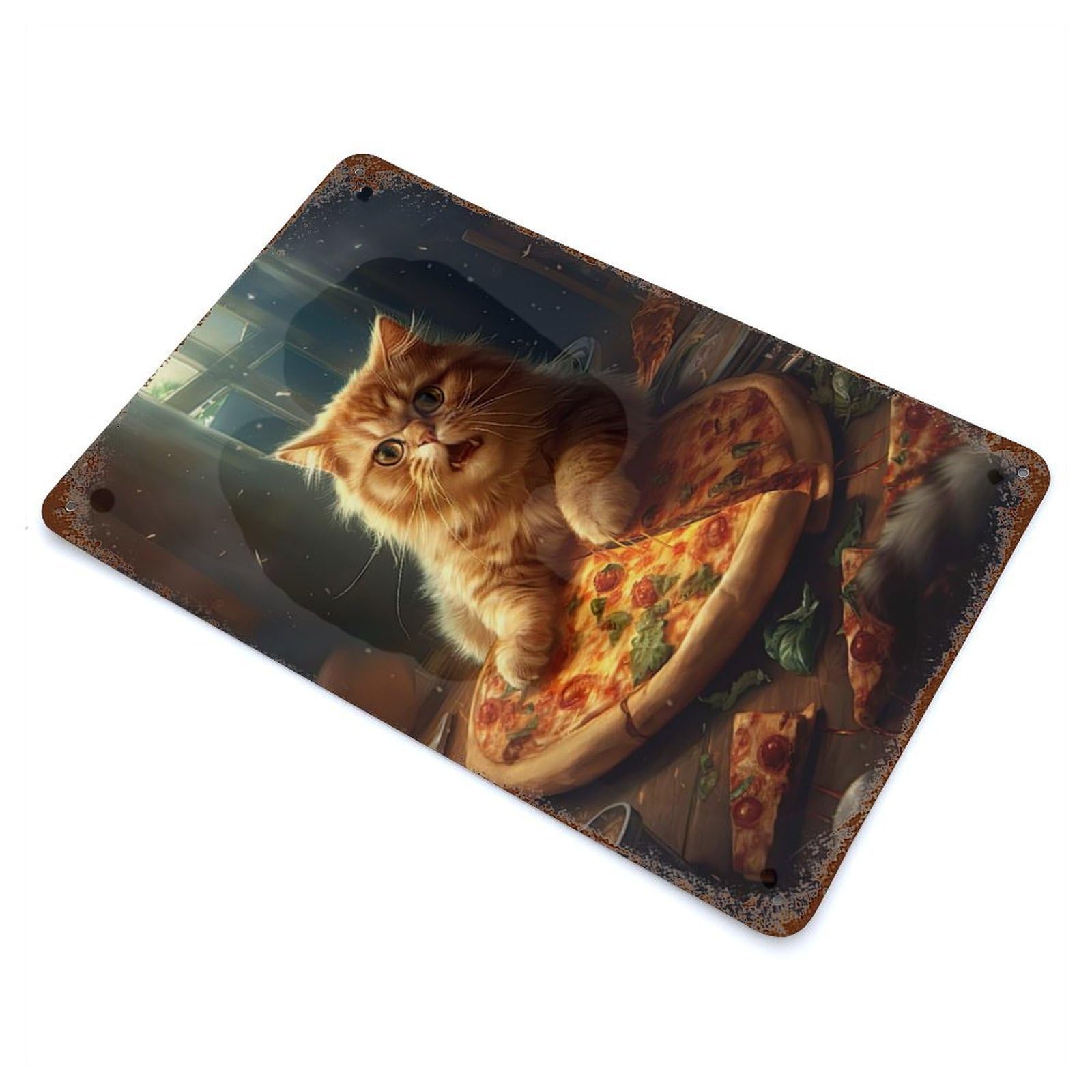 Cat With Pizza Vintage Metal Tin Sign 11.8"x7.9", Farmhouse Wall Decor for Living Room, Hallway And Home Decor