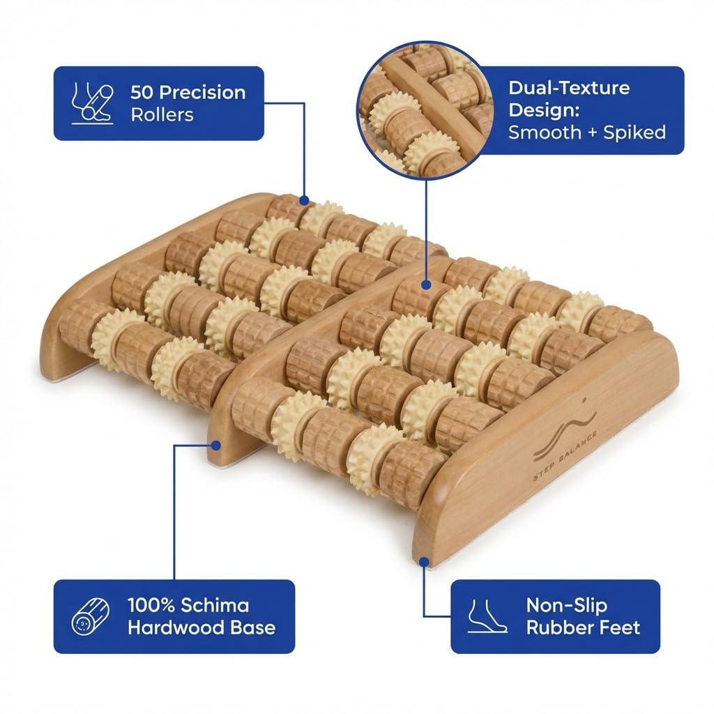 ReflexRoll - Rodillo Masajeador para Pies de Madera - 50 Rodillos Doble Textura - Reflexología Plantar Digitopresión Shiatsu - Fascitis Plantar Pies Cansados Estrés - 29 cm Unisex