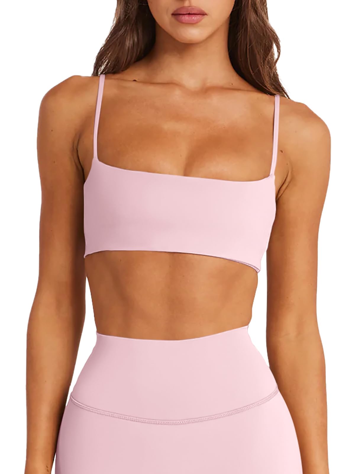 LASLULU Womens Adjustable Spaghetti Straps Sports Bra Square Neck Wireless Padded Workout Yoga Crop Tops