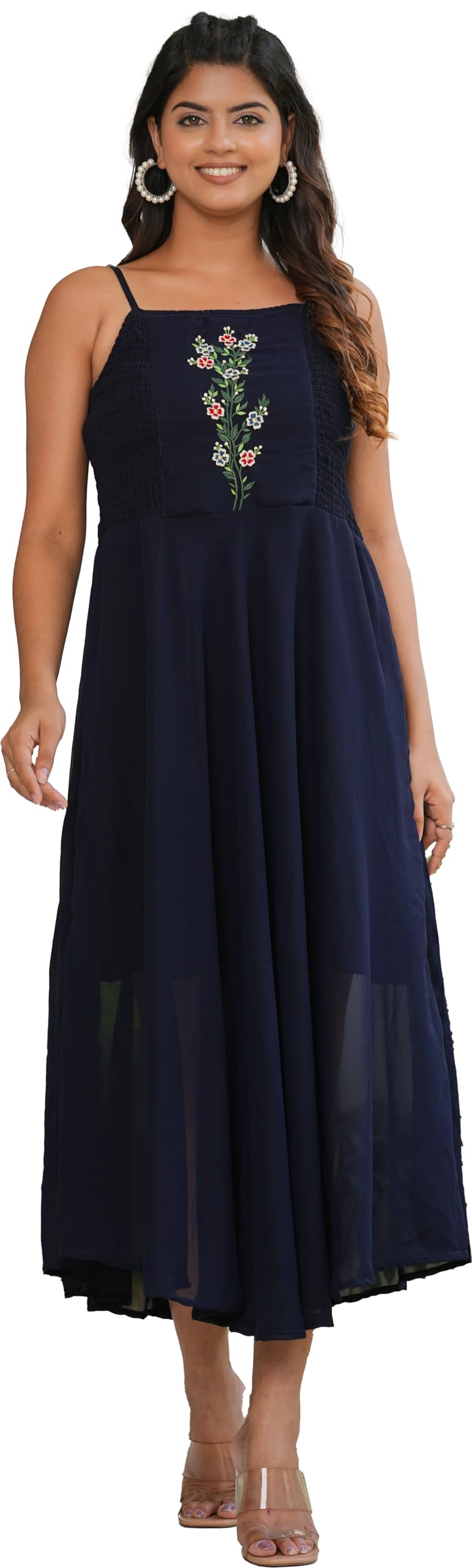 Yash Gallery Women's Smoking Embroidered Georgette Maxi Dress