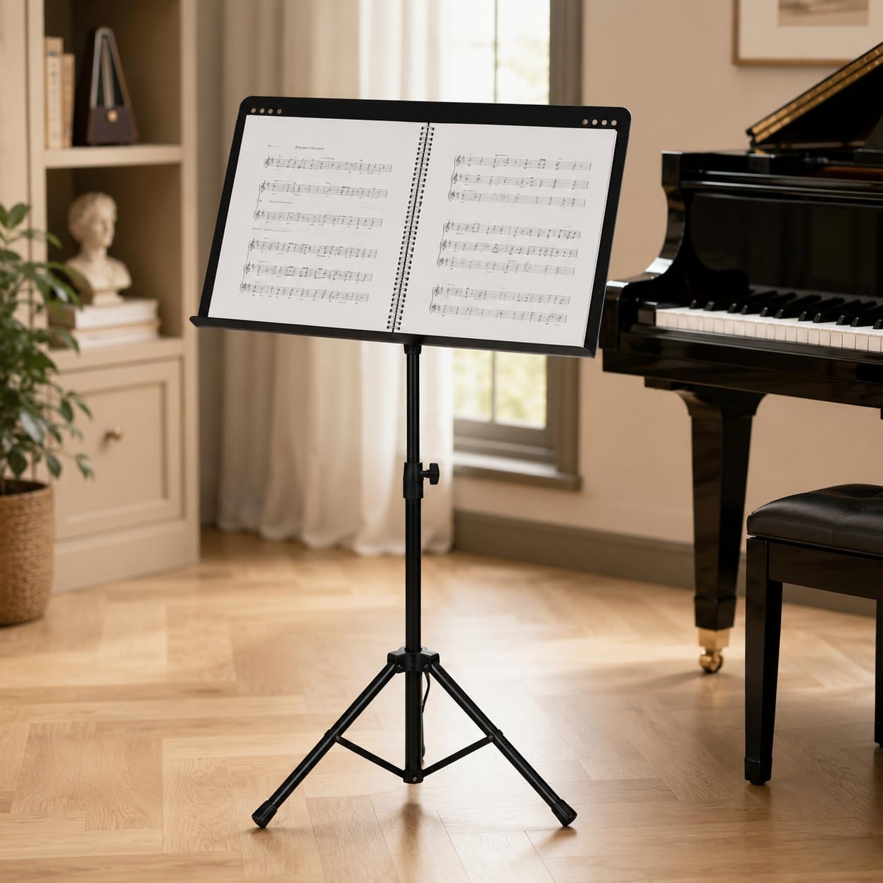 Soporte de música resistente, ajustable de 36.2 a 53.5 pulgadas, soporte para partituras con escritorio giratorio para actuaciones en escenario y estudio