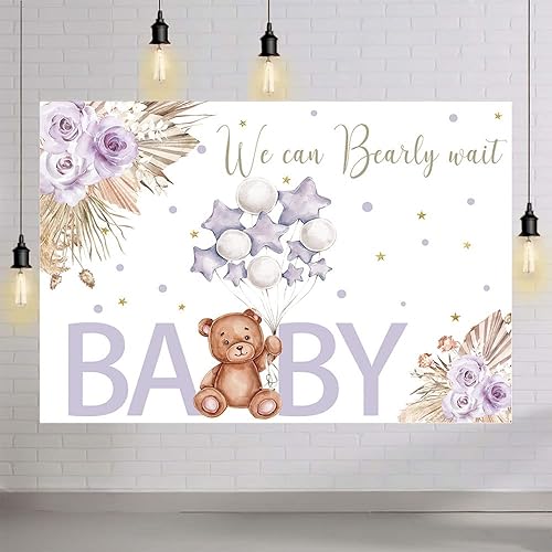Miniatura 4 de Telón de fondo de baby shower de oso bohemio de 7 x 5 pies para niña, color morado rubor, fondo floral bohemio para fotografía con texto en inglés