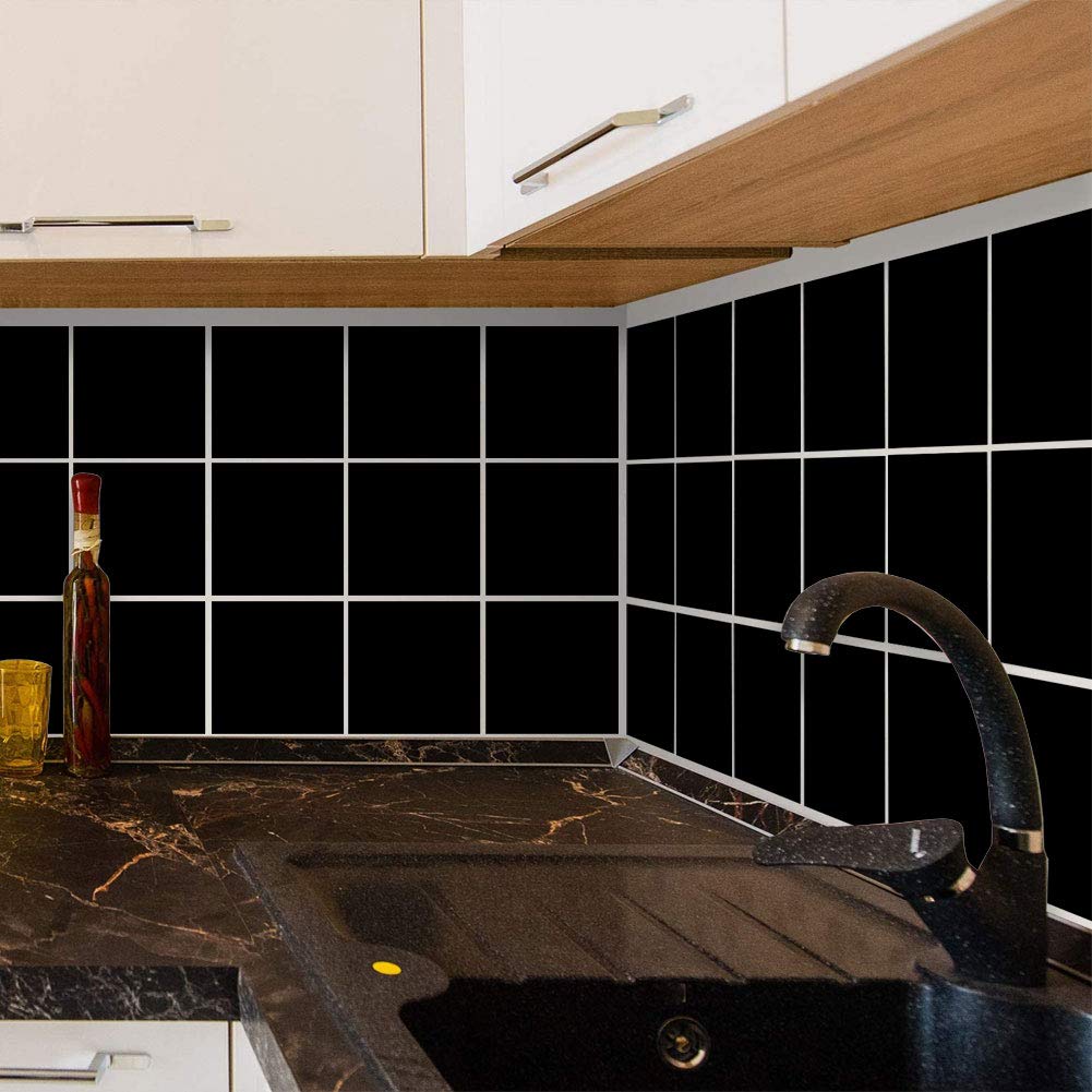 Abnaok 25pcs Square Tile Stickers for Kitchen Bathroom, Peel and Stick On Wall Tile Transfers Decals 10 * 10 inches, Black