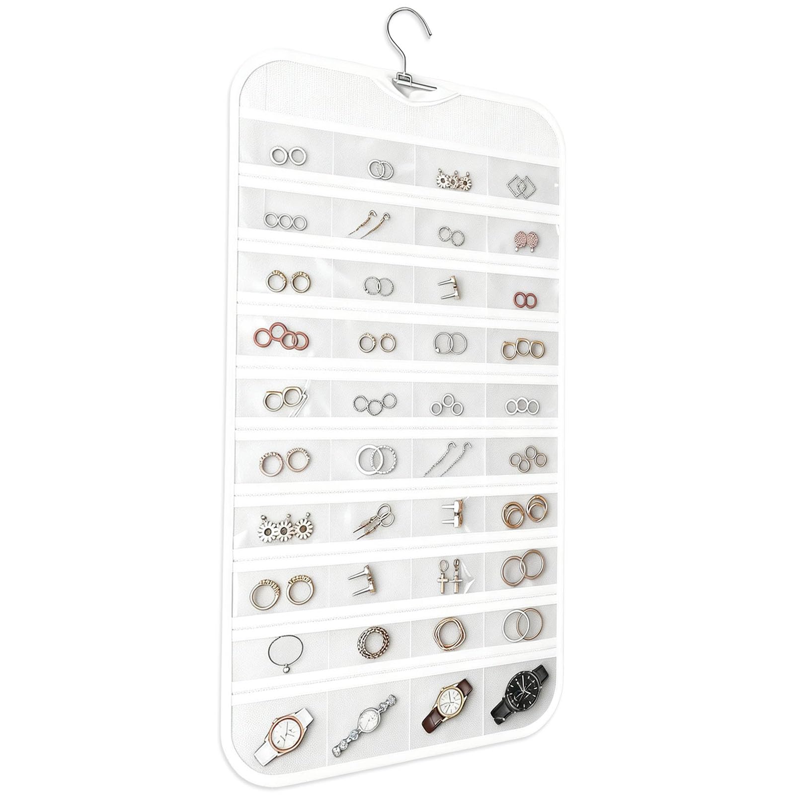 Organizador de joyas colgante, 82 bolsillos, organizador colgante de joyas de doble cara para aretes, collares, pulseras, accesorios de ventana de PVC transparente para armario, puerta, pared