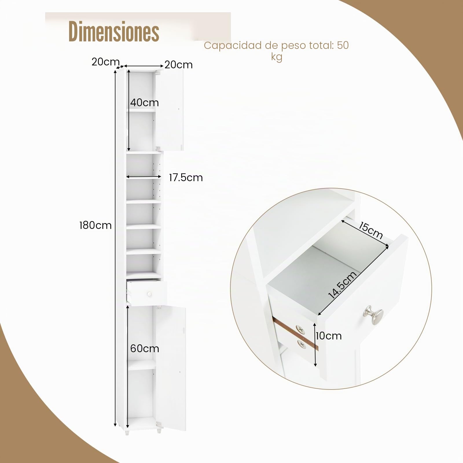 GIANTEX Armario de Baño Alto, Mueble Columna con 2 Puertas, 1 Cajón y Estantes Ajustables Abiertos, 20 x 20 x 180 cm, Mueble Auxiliar Estrecho para Salón, Dormitorio (5 Estantes, Blanco)