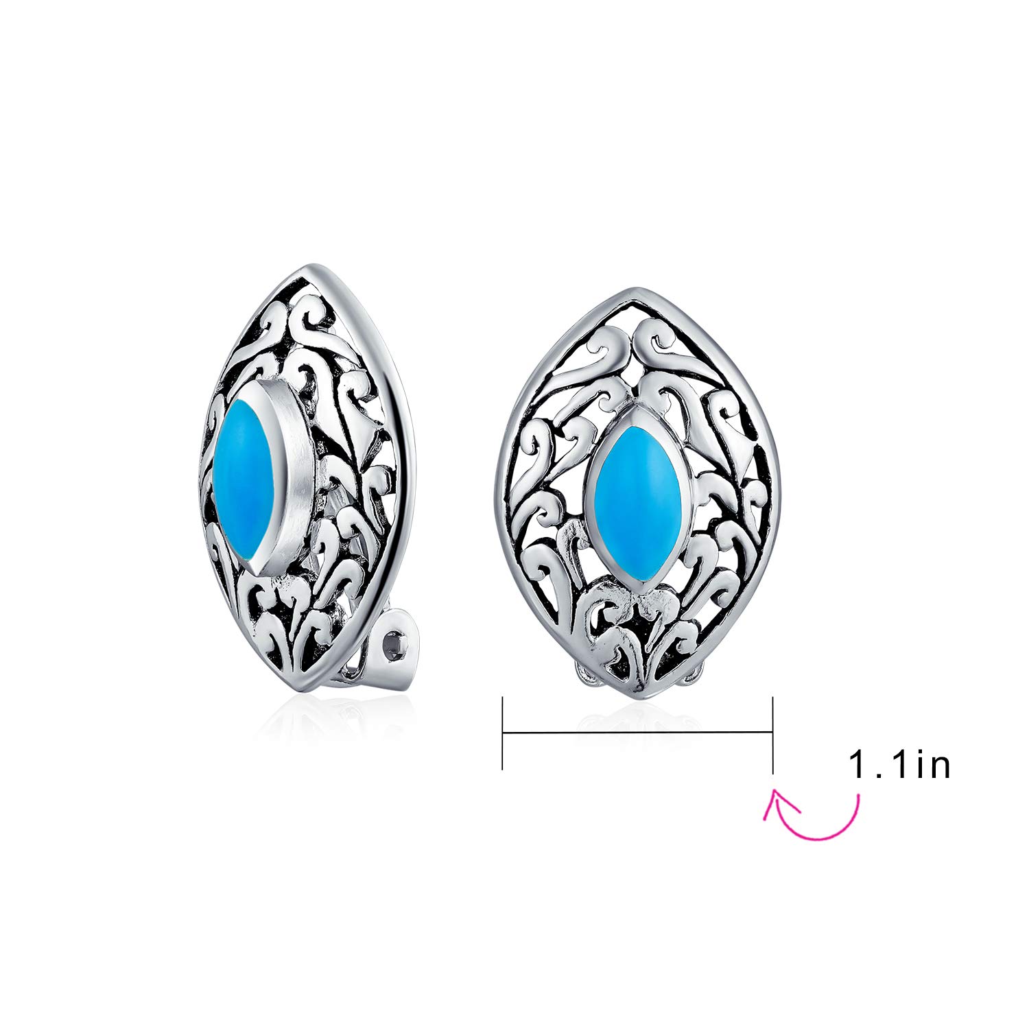 Westlicher Stil Filigrane Marquise Form Stabilisiert Blau Türkis Clip On Ohrringe Nicht durchbohrte Ohren .925 Sterling Silber