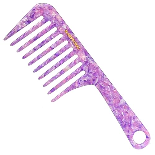 D1 Peine de mango de dientes anchos para cabello rizado Eleva, conserva el rizo, suaviza el peine de acetato (morado brillante)