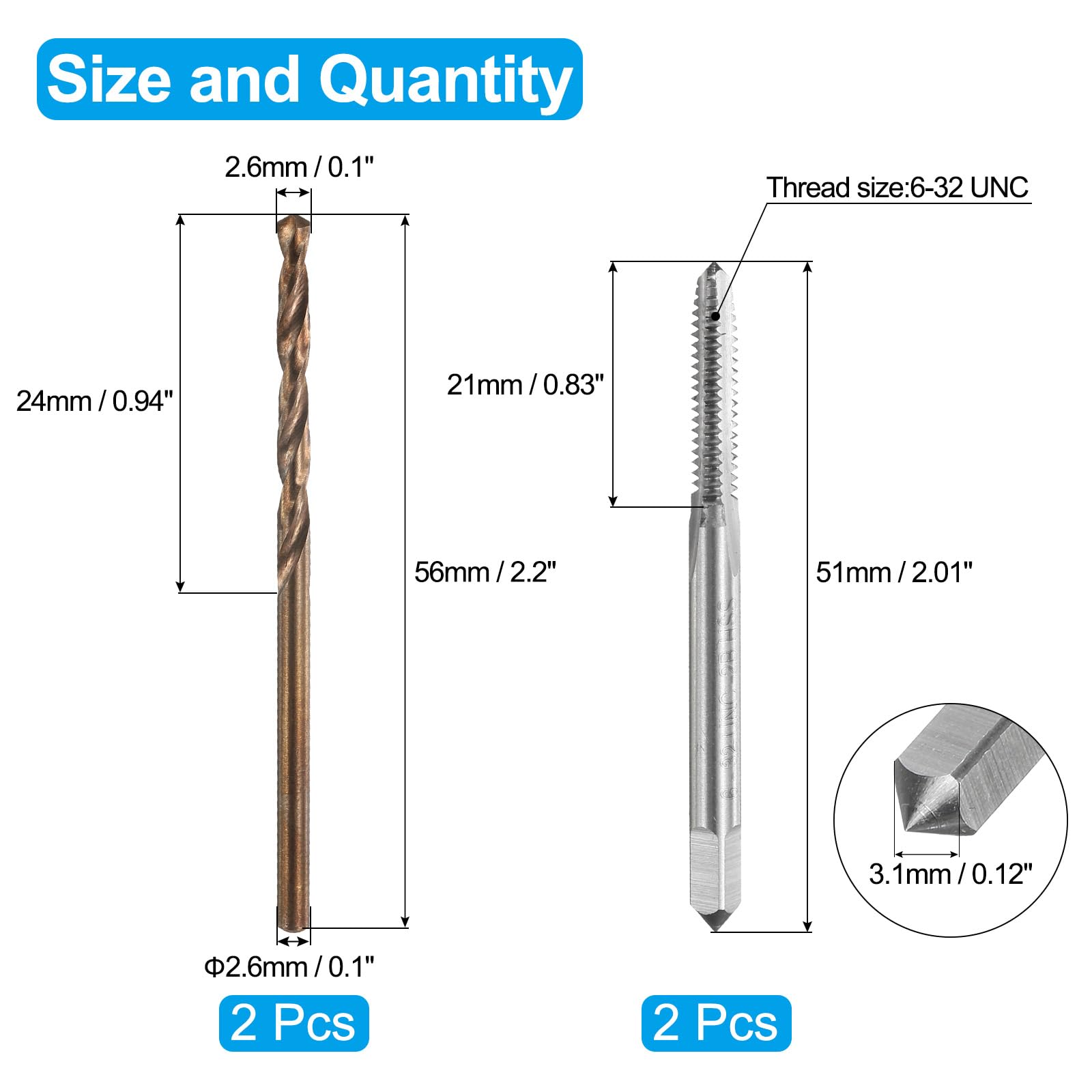 Zestaw gwintowników i wierteł, 2 szt. gwintowników z rowkiem prostym 6-32 UNC i 2 szt. wierteł krętych 2,6 mm, niepowlekanych/palonych na żółto HSS-6542/M35 HSS-CO
