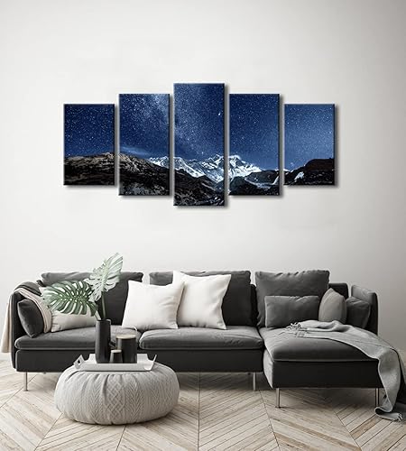Miniatura 2 de Pyradecor Lienzo Giclée azul para pared, diseño de cielo nocturno estrellado sobre montaña nevada, pinturas para sala de estar, dormitorio,