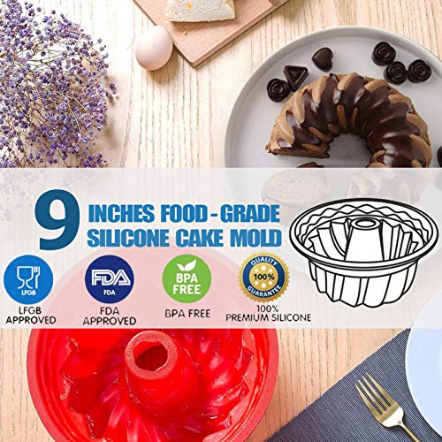 Aokinle Silicone Baking Molds 2-Pack, European Grade Fluted Round Cake Pan, Non-Stick Cake Pan for Jello,Buntcake,Gelatin,Bread, 9.45 Inches Tube Bakeware Red
