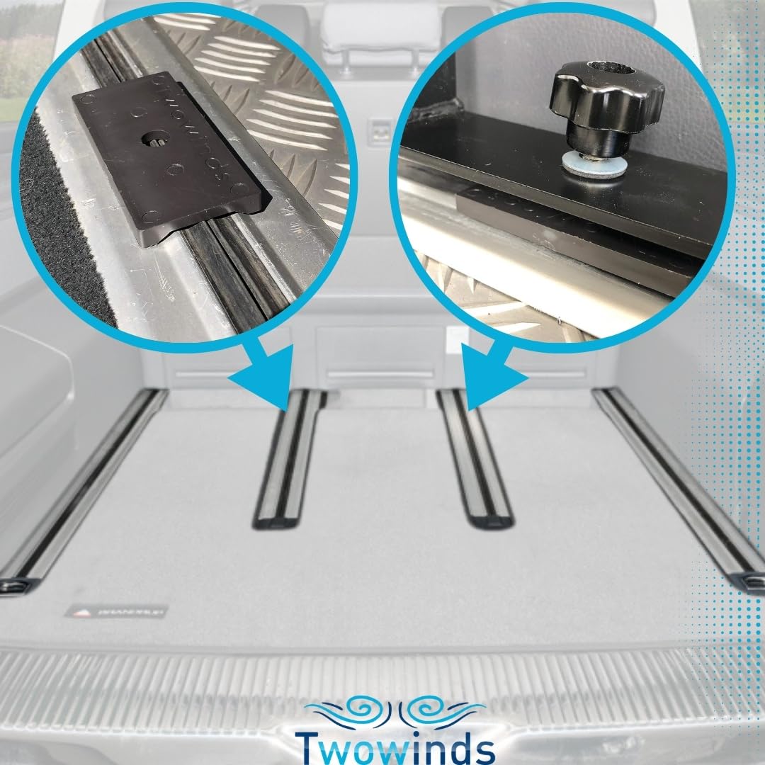 Twowinds - Support Rail Compatible avec VW T5 T6 Multivan Transporter California - Protection Rail - Arrimage Cargaison - Support Coulissant - Fixation Multiflexboard Mobilier Frigo Potty (8 pièces)