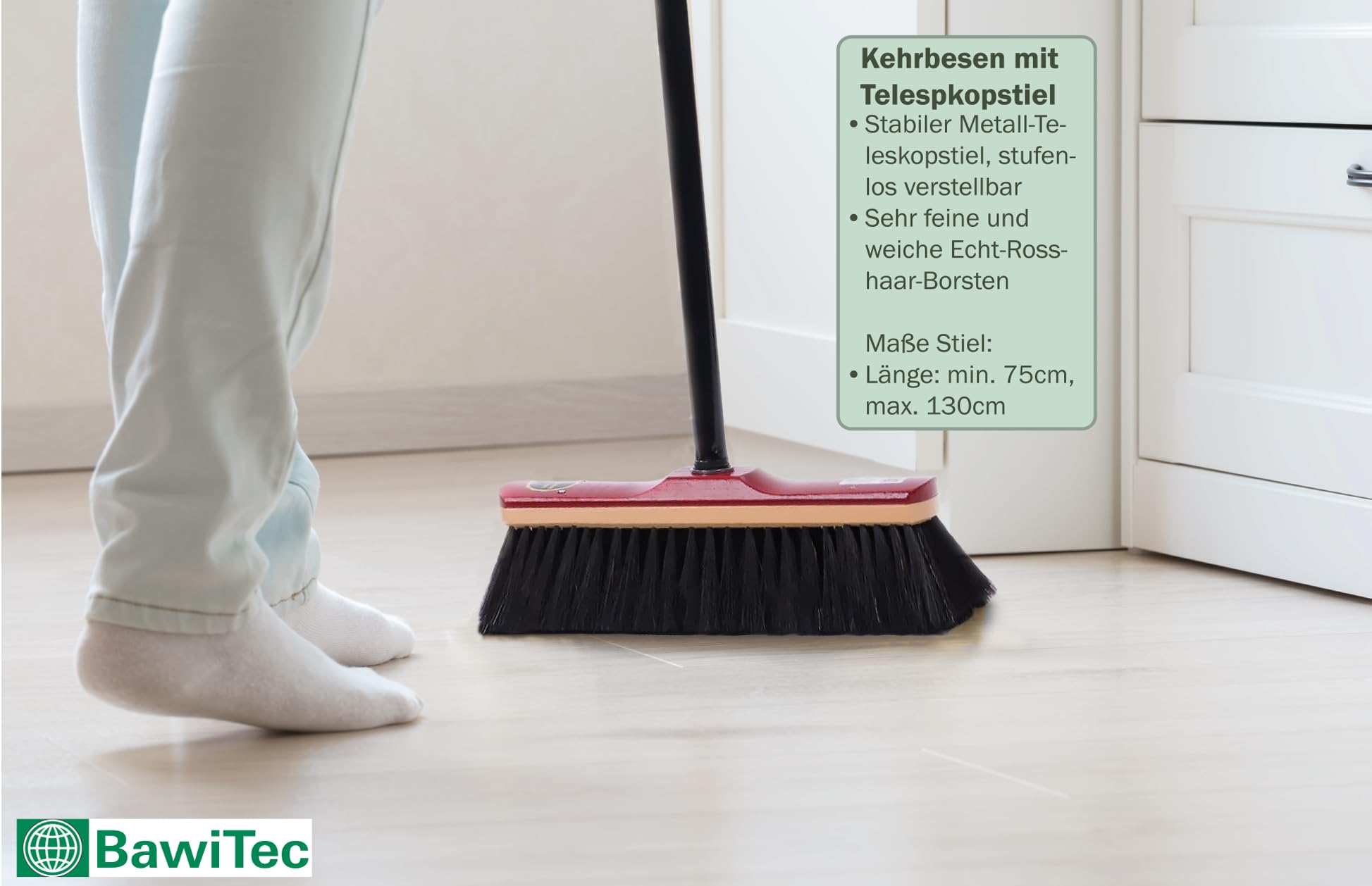 Hochwertiges Rosshaar Besen Set Handfeger Kehrschaufel Teleskopstiel Stiel | Besen 30cm, Handfeger 28cm, Holz-lackiert, Teleskopstiel verstellbar, Metall-Kehrschaufel verzinkt mit Lippe