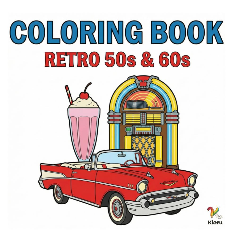 Simply Retro: Bold and Easy Coloring Book: 20+ Nostalgic Designs from the 1950s featuring Diners, Fashion, Music, and Classic Americana for Relaxation and Stress Relief