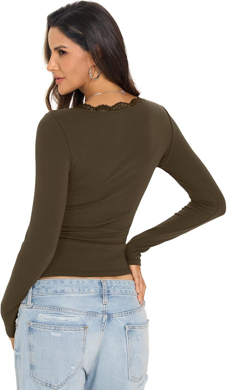 Womens Cotton Ribbed Long Sleeve Shirts Lace V Neck T Shirts Fitted Sexy Going Out Tops Casual Fall Outfits - Image 5